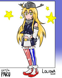 Rule 34 | 10s, 1girl, admiral paru, aged down, arms behind back, asymmetrical legwear, blonde hair, detached sleeves, english text, full body, iowa (kancolle), kantai collection, long hair, looking at viewer, mismatched legwear, navel, smile, solo, star-shaped pupils, star (symbol), starry background, symbol-shaped pupils