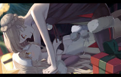 Rule 34 | 2girls, all fours, artoria pendragon (all), artoria pendragon (fate), bare shoulders, bikini, bikini top only, black bikini, black gloves, black legwear, blush, braid, breasts, curtains, elbow gloves, eye contact, fate/grand order, fate (series), french braid, from side, fur-trimmed legwear, fur trim, gift, gloves, hair bun, headpiece, jeanne d&#039;arc (fate), jeanne d&#039;arc (ruler) (fate), jeanne d&#039;arc alter (fate), jeanne d&#039;arc alter santa lily (fate), letterboxed, long hair, looking at another, lying, multiple girls, on back, pantyhose, parted lips, ryuuno6, saber (fate), saber alter, santa alter, santa costume, short hair, single hair bun, small breasts, smile, swimsuit, thighhighs, yuri