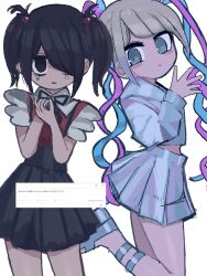 Rule 34 | 2girls, ame-chan (needy girl overdose), black eyes, black hair, black ribbon, black skirt, blonde hair, blue eyes, blue footwear, blue hair, blue shirt, blue skirt, chouzetsusaikawa tenshi-chan, closed mouth, collar, collared shirt, commentary request, dual persona, hair ornament, hair over one eye, hair tie, hand up, hands up, highres, jirai kei, long hair, long sleeves, looking at viewer, multicolored hair, multiple girls, neck ribbon, needy girl overdose, open mouth, own hands together, pink hair, platform footwear, pleated skirt, quad tails, red shirt, ribbon, sailor collar, sasa ki (resupuburika), school uniform, serafuku, shirt, shirt tucked in, simple background, skirt, smile, standing, standing on one leg, suspender skirt, suspenders, tears, twintails, very long hair, white background, white collar, x hair ornament