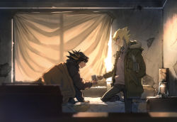 Rule 34 | 2boys, backlighting, black pants, blonde hair, blurry, blurry foreground, coat, cup, curtains, eye contact, fudo yusei, fur-trimmed coat, fur trim, green coat, hair between eyes, holding, holding cup, hood, hooded coat, hooded sweater, indoors, jack atlas, kneeling, looking at another, male focus, multicolored hair, multiple boys, on bed, open clothes, open coat, pants, profile, spiked hair, standing, sweater, torinomaruyaki, two-tone hair, white sweater, yu-gi-oh!, yu-gi-oh! 5d&#039;s