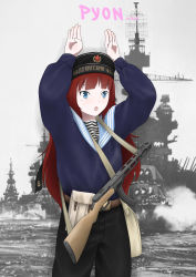 Rule 34 | 1girl, absurdres, anchor symbol, arms up, belt, belt pouch, blue eyes, commentary, eyebrows, gun, hammer and sickle, hat, highres, long hair, long sleeves, mardjan, mole, mole under eye, navy, original, pants, photo background, pouch, ppsh-41, red hair, russia, russian navy, russian text, sailor, sailor collar, sailor hat, shirt, solo, soviet, standing, star (symbol), striped clothes, striped shirt, submachine gun, telnyashka, tsurime, weapon, world war ii