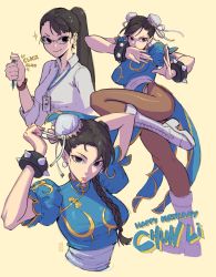 1girl, afterimage, blue dress, boots, bracelet, braid, breasts, brown eyes, brown hair, brown legwear, bun cover, capcom, chun-li, closed mouth, double bun, dress, earrings, edpan, hair down, hair ribbon, hands up, highres, holding, holding pen, id card, jewelry, lanyard, large breasts, looking at viewer, mouth hold, multiple views, pantyhose, pelvic curtain, pen, ponytail, ribbon, sash, shirt, simple background, single braid, smile, spiked bracelet, spikes, standing, standing on one leg, street fighter, watch, white footwear, white ribbon, white shirt, wristwatch, yellow background