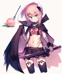 Rule 34 | 1girl, beize (garbage), black cape, black choker, black thighhighs, blue eyes, blush, cape, chiyoda momo, choker, collarbone, commentary, cropped legs, food, fruit, gloves, grey gloves, hair between eyes, hair ornament, highres, holding, holding sword, holding weapon, machikado mazoku, navel, parted lips, peach, pink hair, ponytail, scar, scar on stomach, short hair, simple background, solo, sword, symbol-only commentary, thighhighs, weapon, white background, x hair ornament