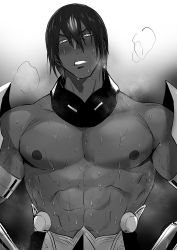 Rule 34 | 1boy, abs, ashwatthama (fate), bara, clenched teeth, dark-skinned male, dark skin, fate/grand order, fate (series), gauntlets, gradient background, greyscale, haiki (tegusu), hands on own hips, highres, large pectorals, male focus, monochrome, pectorals, simple background, solo, steam, sweat, nervous sweating, teeth, topless male, upper body