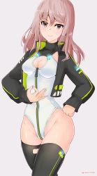 Rule 34 | 1girl, absurdres, alice gear aegis, black jacket, black thighhighs, booth babe, breasts, brown eyes, brown hair, cleavage, cleavage cutout, closed mouth, clothing cutout, commentary request, cropped jacket, gloves, grey background, heattech leotard, highres, jacket, leotard, long hair, looking at viewer, medium breasts, ok sign, over-kneehighs, rasen manga, smile, solo, thighhighs, turtleneck, white gloves, white leotard, yotsuya yumi