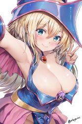 Rule 34 | 1girl, armpits, bare shoulders, blonde hair, blue hat, blue leotard, blush, blush stickers, breasts, cleavage, collarbone, dark magician girl, duel monster, green eyes, hair between eyes, hat, highres, large breasts, leotard, long hair, looking at viewer, solo, staryume, tagme, v, white background, witch hat, yu-gi-oh!