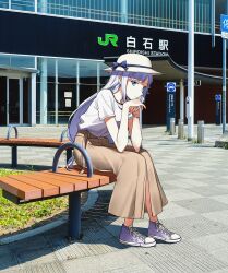 Rule 34 | 1girl, bench, blue eyes, blue hair, bow, bracelet, brown skirt, closed mouth, hat, head rest, highres, idolmaster, idolmaster million live!, idolmaster million live! theater days, jewelry, long hair, long skirt, looking at viewer, nakamura rohane, pavement, photo background, shiraishi tsumugi, shirt, shoes, short sleeves, side slit, sitting, skirt, sneakers, solo, straw hat, train station, very long hair, white shirt