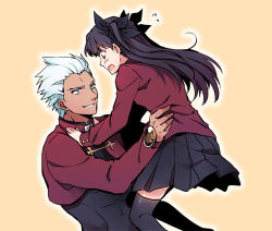 Rule 34 | 1boy, 1girl, archer (fate), black hair, black ribbon, black skirt, black thighhighs, blue eyes, blush, collar, dark-skinned male, dark skin, fate/stay night, fate (series), green eyes, hair ribbon, holding, holding person, long hair, long sleeves, looking at another, lowres, manly, open mouth, red sweater, ribbon, simple background, skirt, smile, suga (suga suga), sweater, teeth, thighhighs, tohsaka rin, tsundere, twintails, two side up, unlimited blade works (fate), upper body, white hair, zettai ryouiki