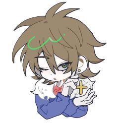 Rule 34 | 1boy, animated, animated gif, blood, blue jacket, brown hair, chinese commentary, commentary request, cross, dlam1, fur-trimmed jacket, fur trim, green eyes, hair between eyes, isoi reiji, jacket, long sleeves, male focus, one eye closed, parted bangs, red shirt, saibou shinkyoku, sanpaku, shirt, short hair, solo, upper body