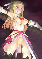 Rule 34 | 1girl, blonde hair, blush, boots, bound, bound arms, breasts, breasts out, censored, cleavage cutout, clenched teeth, clothes lift, clothing cutout, crucifixion, detached sleeves, dress, dress lift, f-ism, feathers, gradient hair, grimace, hair ornament, hairband, highres, large breasts, long hair, multicolored hair, murakami suigun, nipples, no panties, orange hair, original, pink eyes, polearm, pussy, rape, restrained, solo, sweat, sword, teeth, thigh boots, thighhighs, torture, weapon