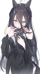 Rule 34 | 1girl, ahoge, animal ear piercing, animal ears, bare shoulders, black dress, black hair, black sleeves, ci4, commentary request, detached sleeves, dress, hair between eyes, hand to own mouth, highres, holding, holding own hair, horse ears, horse girl, jewelry, long hair, long hair between eyes, looking at viewer, manhattan cafe (umamusume), multicolored clothes, multicolored dress, ring, simple background, solo, umamusume, very long hair, white background, wide sleeves, yellow eyes