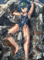 Rule 34 | 10s, 1girl, :p, armpits, barefoot, blue eyes, blue hair, blunt bangs, building, city, collarbone, covered erect nipples, creatures (company), destruction, feet, female focus, flat chest, footprints, game freak, giant, giantess, hairband, lana (pokemon), lying, matching hair/eyes, muscular, nintendo, on back, one-piece swimsuit, outdoors, pokemon, short hair, solo, sweat, swimsuit, toes, tongue, tongue out, yilx