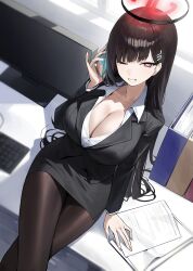 Rule 34 | 1girl, absurdres, black hair, black jacket, black skirt, blue archive, blush, breasts, cellphone, cleavage, collarbone, crossed arms, grin, hair ornament, hairclip, halo, highres, holding, holding phone, hug, indoors, jacket, large breasts, long hair, long sleeves, looking at viewer, mechanical halo, open clothes, open shirt, pantyhose, papers, phone, red eyes, red halo, red pupils, rio (blue archive), sbgu, shirt, sitting, skirt, smartphone, smile, solo, white shirt