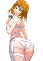 Rule 34 | 1girl, ass, back, bra, breasts, commentary, cowboy shot, from behind, green eyes, half-closed eyes, halterneck, highres, holding, id card, kein hasegawa, leeloo (the fifth element), looking at viewer, looking back, medium breasts, orange hair, original, panties, short hair, simple background, solo, standing, the fifth element, thigh strap, underwear, underwear only, wedgie, white background, white bra, white panties