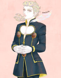 Rule 34 | 1boy, blonde hair, braid, cleavage cutout, clothing cutout, giorno giovanna, jojo no kimyou na bouken, k (kktkk), ladybug ornament, long hair, male focus, multicolored hair, own hands clasped, own hands together, single wing, solo, vento aureo, wing ornament, wings
