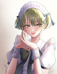 Rule 34 | 1girl, alternate costume, blush, commentary request, enmaided, green eyes, green hair, highres, idolmaster, idolmaster shiny colors, looking at viewer, maid, maid headdress, nanakusa nichika, neck ribbon, own hands together, puffy short sleeves, puffy sleeves, ribbon, shimotsuki niko, shirt, short sleeves, short twintails, simple background, smile, solo, striped clothes, striped shirt, twintails, upper body, vertical-striped clothes, vertical-striped shirt, wrist cuffs