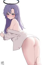 Rule 34 | 1girl, absurdres, artist name, ass, blue archive, blush, breasts, clothes pull, dated, halo, highres, large breasts, long hair, looking at viewer, looking back, myeolchi, naked shirt, purple eyes, purple hair, shirt, shirt pull, soles, solo, standing, standing on one leg, straight hair, sweatdrop, very long hair, white shirt, yuuka (blue archive)