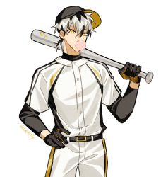 Rule 34 | 1boy, alternate costume, artist name, baseball bat, baseball cap, baseball uniform, belt, black gloves, bokuto koutarou, blowing bubbles, chewing gum, buttons, chewing gum, claireiosity, eyebrows, gloves, grey hair, haikyuu!!, hair between eyes, hat, highres, looking at viewer, male focus, multicolored hair, over shoulder, pale skin, pants, shirt, short hair, short ponytail, slit pupils, solo, solo focus, sportswear, standing, sticker, twitter username, two-tone hair, watermark, weapon, weapon over shoulder, white background, white hair, white legwear, white pants, white shirt, yellow eyes