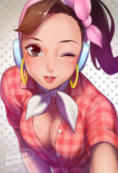 Rule 34 | 1girl, absurdres, breast hold, breasts, brown eyes, brown hair, cleavage, collarbone, commentary request, cruiser d.va, d.va (overwatch), earrings, eyelashes, hair ribbon, hairband, hand up, headphones, highres, hoop earrings, jewelry, kalua (artist), long hair, looking at viewer, makeup, mascara, medium breasts, neck ribbon, no bra, official alternate costume, one eye closed, overwatch, overwatch 1, pink hairband, pink lips, pink ribbon, plaid, plaid shirt, ponytail, reaching, reaching towards viewer, red shirt, ribbon, selfie, shirt, short sleeves, smile, solo, star (symbol), starry background, swept bangs, taking picture, teeth, unbuttoned, unbuttoned shirt, upper body, white ribbon