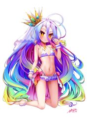 Rule 34 | 1girl, :3, absurdly long hair, absurdres, antenna hair, arm at side, bare shoulders, barefoot, bikini, blonde hair, blue hair, blush, bow, bright pupils, closed mouth, commentary request, crown, eyelashes, flat chest, frilled bikini, frilled wrist cuffs, frills, full body, fusen haru, gradient hair, green hair, hair between eyes, halterneck, hand up, highleg, highleg bikini, highres, kneeling, long bangs, long hair, looking at viewer, making-of available, midriff, multicolored hair, navel, no game no life, playing with own hair, purple bikini, purple hair, red bow, ribs, shiro (no game no life), signature, simple background, skinny, smile, solo, swimsuit, very long hair, white background, wrist cuffs, yellow eyes