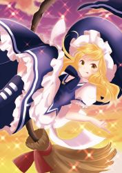 Rule 34 | &gt;:p, 1girl, :p, apron, blonde hair, blush, boots, bow, bowtie, broom, broom riding, hat, highres, index finger raised, kirisame marisa, long hair, long skirt, looking at viewer, nonoko (capsule-nnk), puffy short sleeves, puffy sleeves, sash, short sleeves, skirt, skirt set, smile, solo, sparkle, tongue, tongue out, touhou, urban legend in limbo, v-shaped eyebrows, vest, waist apron, wavy hair, witch hat