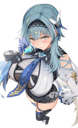 Rule 34 | 1girl, asahina hikage, black hairband, blue hair, blush, boots, breasts, eula (genshin impact), genshin impact, gloves, hair between eyes, hair ornament, hairband, hand on own hip, highres, huge breasts, long hair, long sleeves, looking at viewer, medium hair, necktie, solo, thigh boots, thighhighs, thighs, vision (genshin impact), white background, yellow eyes