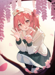 Rule 34 | 1girl, absurdres, black skirt, blue archive, blush, branch, cherry blossoms, commentary request, double-parted bangs, fingernails, hair between eyes, hands up, hat, highres, long sleeves, looking at viewer, no halo, nurse cap, one side up, open hand, open mouth, pantyhose, pink eyes, pink hair, pink nails, sailor collar, serina (blue archive), serina (nurse) (blue archive), shirt, skirt, smile, solo, squatting, tree, white hat, white pantyhose, white sailor collar, white shirt, yuhezi