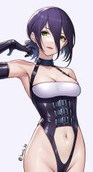 Rule 34 | 1girl, arm up, armpits, bad id, bad pixiv id, bare shoulders, belt, black gloves, bondage outfit, breasts, chainsaw man, cleavage, clothing cutout, corset, elbow gloves, gloves, green eyes, groin, hair between eyes, halterneck, highleg, highres, jurrig, looking at viewer, medium breasts, navel, parted lips, reze (chainsaw man), simple background, smile, solo, stomach, twitter username, white background