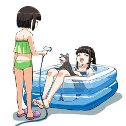 Rule 34 | 2girls, ass, bikini, black hair, blunt bangs, blunt ends, butt crack, closed eyes, competition school swimsuit, copyright request, crocs, dog, green bikini, highres, holding, holding hose, hose, kumichou (kumichoubox), multiple girls, one-piece swimsuit, open mouth, partially submerged, ponytail, school swimsuit, short hair, spraying, swimsuit, wading pool, water, white background