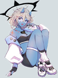 Rule 34 | 1girl, ahoge, asymmetrical gloves, bare shoulders, black gloves, blue skin, breasts, chemaru (a8l), cleavage, collarbone, colored skin, spiked halo, crop top, demon horns, full body, genderswap, genderswap (mtf), gloves, grey hair, guilty gear, guilty gear strive, halo, happy chaos, heart, heart tattoo, highres, horns, jacket, medium breasts, open mouth, shoes, shorts, socks, solo, tattoo, white jacket, x-shaped eyewear
