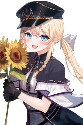 Rule 34 | 1girl, adju ster, black bow, black bowtie, black capelet, black gloves, blonde hair, blue eyes, blush, bow, bowtie, braid, capelet, commentary request, flower, gloves, hat, highres, holding, holding flower, long hair, looking at viewer, open mouth, original, police hat, ponytail, sidelocks, simple background, solo, sunflower, upper body, white background