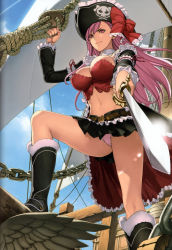 Rule 34 | 10s, 1girl, absurdres, boots, bow, breasts, bustier, captain liliana, cleavage, cloud, day, hat, highres, jolly roger, knee boots, large breasts, leg up, legs, lingerie, long hair, midriff, miniskirt, navel, oda non, panties, pantyshot, pink eyes, pink hair, pink panties, pirate, pirate hat, pleated skirt, queen&#039;s blade, queen&#039;s blade rebellion, ribbon, scan, ship, skirt, skull and crossed swords, sky, smile, solo, sword, thighs, underwear, upskirt, very long hair, watercraft, weapon