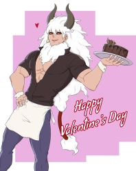 Rule 34 | 1boy, absurdres, alternate costume, apron, asterios (fate), bara, black sclera, colored sclera, danzen, fate/grand order, fate (series), feet out of frame, happy valentine, heart, highres, holding, holding plate, horns, long hair, looking at viewer, male focus, muscular, muscular male, pectoral cleavage, pectorals, plate, red eyes, smile, solo, valentine, waist apron, white hair