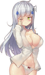 Rule 34 | 1girl, :/, ahoge, arm behind back, blunt bangs, blush, bow, bow panties, breasts, cleavage, collarbone, commentary, contrapposto, covered erect nipples, cowboy shot, dress shirt, facial tattoo, girls&#039; frontline, gloom (expression), green eyes, groin, hair ornament, hair over one eye, highres, hk416 (girls&#039; frontline), large breasts, long hair, long sleeves, motokonut, navel, off shoulder, one eye closed, open clothes, open shirt, panties, partially unbuttoned, rubbing eyes, see-through, shirt, silver hair, simple background, sleepy, sleeves past wrists, solo, standing, sweatdrop, tattoo, teardrop, underwear, white background, white panties, white shirt