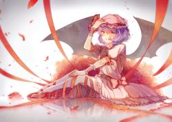 Rule 34 | 1girl, bat wings, bow, dress, flower, frilled shirt, frilled sleeves, frills, hat, hat ribbon, kneehighs, mary janes, mob cap, pikuri, pink dress, pout, puffy short sleeves, puffy sleeves, purple hair, red bow, red eyes, red ribbon, reflective floor, remilia scarlet, ribbon, rose, shirt, shoes, short hair, short sleeves, socks, solo, touhou, wings, wrist cuffs