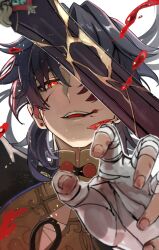 1boy bandaged_chest bandaged_hand bandages black_hair black_jacket blade_(honkai:_star_rail) bleeding blood blood_on_face blurry blurry_foreground commentary_request cuts earrings floating_hair glowing glowing_eyes gradient_hair hair_between_eyes hair_intakes hair_over_one_eye highres holding holding_sword holding_weapon honkai:_star_rail honkai_(series) injury jacket jewelry long_hair looking_at_viewer male_focus mismatched_earrings multicolored_hair one_eye_covered open_mouth outstretched_hand parted_bangs red_eyes red_hair shiraiyu327 simple_background smile solo stud_earrings sword teeth upper_body upper_teeth_only weapon white_background