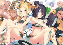 Rule 34 | 2girls, abigail williams (fate), animal, bare arms, bare legs, bare shoulders, barefoot, bendy straw, bikini, black bikini, black bow, blonde hair, blue eyes, blush, bow, closed mouth, collarbone, commentary request, cup, drink, drinking glass, drinking straw, emerald float, fate/grand order, fate (series), forehead, hair bow, hair ornament, hand up, holding, holding paintbrush, innertube, katsushika hokusai (fate), katsushika hokusai (painting summer) (fate), key, miko fly, multiple girls, octopus, official alternate costume, orange bow, oversized object, paintbrush, parted bangs, parted lips, polka dot, polka dot bow, polka dot innertube, purple eyes, purple hair, smile, stuffed animal, stuffed toy, swim ring, swimsuit, teddy bear, tokitarou (fate)