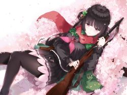Rule 34 | 1girl, asahi kuroi, black hair, black pantyhose, black sailor collar, black skirt, breasts, cherry blossoms, closed mouth, coat, commentary request, girls&#039; frontline, green coat, gun, hair ornament, highres, holding, holding gun, holding weapon, knees up, long hair, long sleeves, looking at viewer, lying, medium breasts, miniskirt, mouth hold, neckerchief, on back, one side up, open clothes, open coat, pantyhose, pleated skirt, red eyes, red neckerchief, red scarf, sailor collar, scarf, school uniform, serafuku, sidelocks, skirt, smile, solo, submachine gun, type 100 (girls&#039; frontline), type 100 smg, weapon