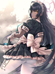 Rule 34 | 1girl, ahoge, anti-materiel rifle, apron, ass, back bow, black dress, black hair, blue archive, blurry, blurry background, blush, bow, boys anti-tank rifle, breasts, commentary request, cowboy shot, dark-skinned female, dark skin, day, dress, dust, dutch angle, frilled apron, frilled dress, frills, from behind, gloves, gun, halo, highres, holding, holding gun, holding weapon, karin (blue archive), large breasts, long hair, looking at viewer, looking back, maid, maid headdress, mikel (4hands), outdoors, pantyhose, parted lips, puffy short sleeves, puffy sleeves, rifle, ruins, short dress, short sleeves, sniper rifle, solo, standing, very long hair, weapon, white apron, white bow, white gloves, white pantyhose, yellow eyes