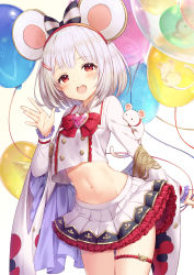 Rule 34 | 1girl, animal ears, animal on arm, balloon, black bow, blunt bangs, bow, bowtie, brooch, crop top, crop top overhang, fake animal ears, frilled skirt, frilled sleeves, frills, granblue fantasy, highres, holding, holding balloon, jewelry, long sleeves, looking at viewer, medium hair, midriff, miniskirt, mouse (animal), mouse ears, navel, off shoulder, open mouth, pleated skirt, red bow, red eyes, shirt, skirt, solo, stomach, teeth, thigh strap, thighs, two-tone bow, upper teeth only, vikala (granblue fantasy), waving, white bow, white hair, white shirt, white skirt, wide sleeves, yoshino saku