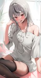 Rule 34 | 1girl, absurdres, black hair, black thighhighs, dress shirt, grey hair, hair between eyes, hand up, highres, hololive, indoors, looking at viewer, medium hair, multicolored hair, off shoulder, panda 0035, parted lips, red eyes, sakamata chloe, shirt, short sleeves, single bare shoulder, sitting, smile, solo, streaked hair, sweat, thighhighs, torn clothes, torn thighhighs, virtual youtuber, white shirt