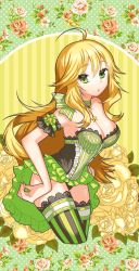 Rule 34 | 1girl, 72producer, armband, bare shoulders, breasts, cleavage, contrapposto, corset, cowboy shot, flower, hands on own hips, hoshii miki, idolmaster, idolmaster (classic), large breasts, long hair, looking at viewer, neck ribbon, open mouth, ribbon, ribbon-trimmed legwear, ribbon trim, solo, standing, star (symbol), striped clothes, striped thighhighs, thighhighs, vertical-striped clothes, vertical-striped thighhighs, very long hair
