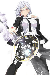 Rule 34 | 1girl, absurdres, black jacket, black necktie, black pants, breasts, character request, closed mouth, collared shirt, commission, final fantasy, final fantasy xiv, frilled sleeves, frills, glasses, hand tattoo, hand up, highres, holding, holding staff, jacket, long sleeves, magic circle, medium breasts, necktie, open clothes, open jacket, pants, ponta (velmar), red eyes, semi-rimless eyewear, shirt, simple background, skeb commission, smile, solo, staff, tattoo, under-rim eyewear, white background, white shirt