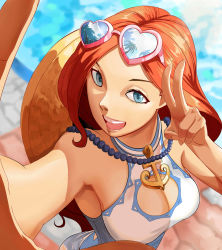 Rule 34 | absurdres, arm up, armpits, blue eyes, breasts, cleavage, cleavage cutout, clothing cutout, eyewear on head, heart, heart-shaped eyewear, heart-shaped sunglasses, highres, jewelry, league of legends, lipstick, looking at viewer, makeup, miss fortune (league of legends), necklace, pool party miss fortune, red hair, selfie, smile, sunglasses, swimsuit, v