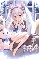 Rule 34 | 1girl, animal ears, ayanami (azur lane), azur lane, bare arms, bare legs, barefoot, blue bow, blush, bow, camisole, character doll, commentary request, covering own mouth, fake animal ears, full body, hairband, hands up, highres, indoors, irokari, javelin (azur lane), laffey (azur lane), long hair, looking at viewer, manjuu (azur lane), panties, rabbit ears, red eyes, red hairband, sitting, solo, strap slip, striped clothes, striped panties, stuffed animal, stuffed rabbit, stuffed toy, teddy bear, underwear, very long hair, white hair, z23 (azur lane)