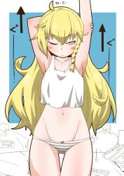 Rule 34 | 1girl, arm behind head, arm up, armpits, arrow (symbol), bed, blonde hair, blush stickers, braid, closed mouth, commentary, cowboy shot, crop top, frown, grey panties, groin, hair tie, half-closed eye, kirisame marisa, long hair, looking at viewer, lowleg, lowleg panties, messy hair, messy room, navel, one eye closed, panties, presenting armpit, side braid, single braid, solo, standing, striped clothes, striped panties, sweat, tank top, thigh gap, touhou, translated, trash bag, twitter username, underwear, underwear only, white tank top, yellow eyes, yes-no pillow, zannen na hito