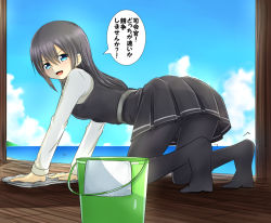 Rule 34 | 10s, 1girl, all fours, alternate eye color, asashio (kancolle), ass, baretto (karasi07), black hair, black pantyhose, black skirt, blush, breasts, bucket, cloud, day, hair between eyes, kantai collection, knees together feet apart, long hair, long sleeves, looking at viewer, no shoes, ocean, open mouth, pantyhose, pleated skirt, shirt, skirt, sky, small breasts, soles, solo, towel, translation request, white shirt, wiping