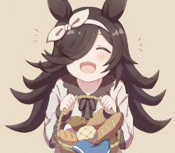 Rule 34 | 1girl, animal ears, arms up, baguette, basket, beige background, beige dress, black ribbon, blush, bow hairband, bread, brown collar, brown hair, closed eyes, collar, collared dress, dress, food, frilled collar, frills, hair over one eye, hairband, hands up, happy, highres, holding, holding basket, horse ears, horse girl, lace, lace-trimmed sleeves, lace trim, long bangs, long hair, long sleeves, looking at viewer, looking up, open mouth, ribbon, rice shower (umamusume), simple background, smile, sunanuko (ramuneko), swept bangs, umamusume, v arms, white hairband