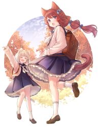 Rule 34 | 2girls, :d, :o, ^ ^, arm up, autumn, bow, braid, brown footwear, brown hair, cardigan, cat tail, closed eyes, cloud, e (eokiba), frilled skirt, frills, full body, hair bow, highres, leg up, loafers, looking back, multiple girls, neckerchief, open cardigan, open clothes, open mouth, original, pleated skirt, school uniform, serafuku, shoes, skirt, sky, smile, socks, tail, tree, white hair, white neckerchief, white socks