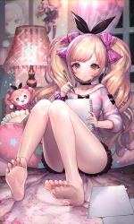 Rule 34 | bare shoulders, blonde hair, blush, bow, collar, destiny child, hair bow, knees up, lamp, legs together, mars (destiny child), notebook, on bed, paper, pen, pillow, poster (object), purple eyes, shorts, sitting, stuffed toy, thighs, toes, twintails, window, window shadow
